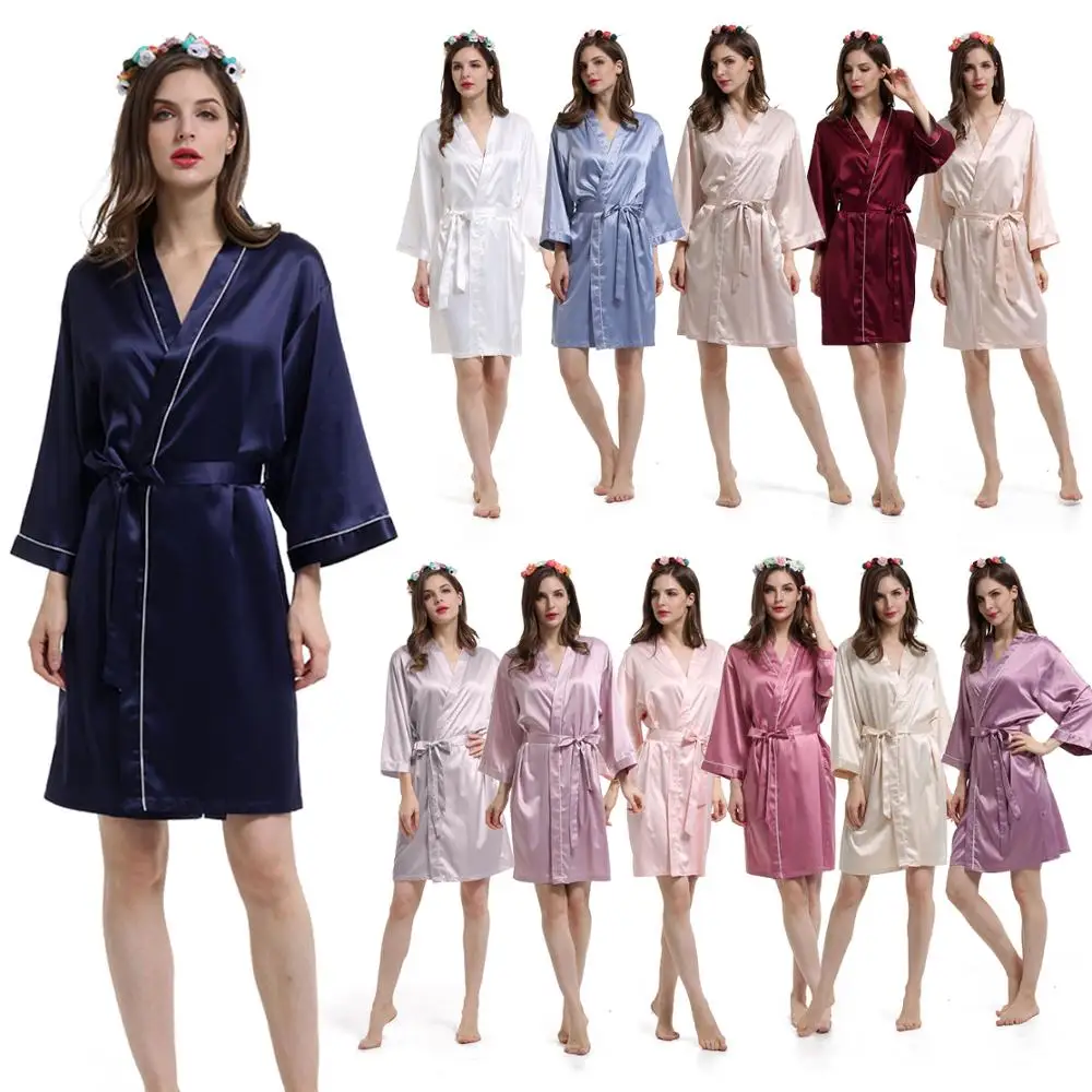 Silk Sleepwear Short Satin Bridesmaids Solid women Kimono Robe A9000