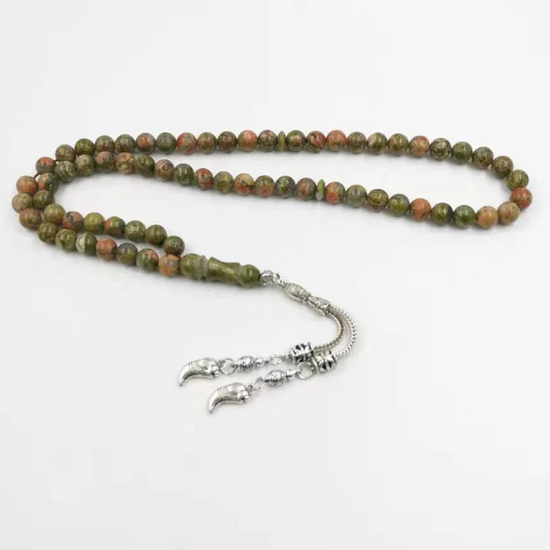 

66Beads Natural Green jadde Tasbih Man's Muslim rosary misbaha Lion pendant prayer beads Eid gift Islamic Accessories Bracelet