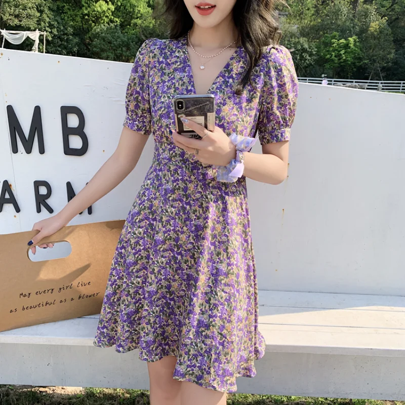 

Floral Print Elegant V-neck Summer Dress Women Fashion High Waist Lace-up MIni Dress Holiday Style Short Puff Seeve Dresses