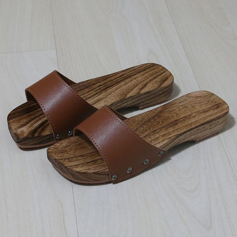 Women\'s Wood Slides Anti-Slip Flat Heel Summer Sandals Causal Beach Slippers Japan Geta Cosplay Shoes