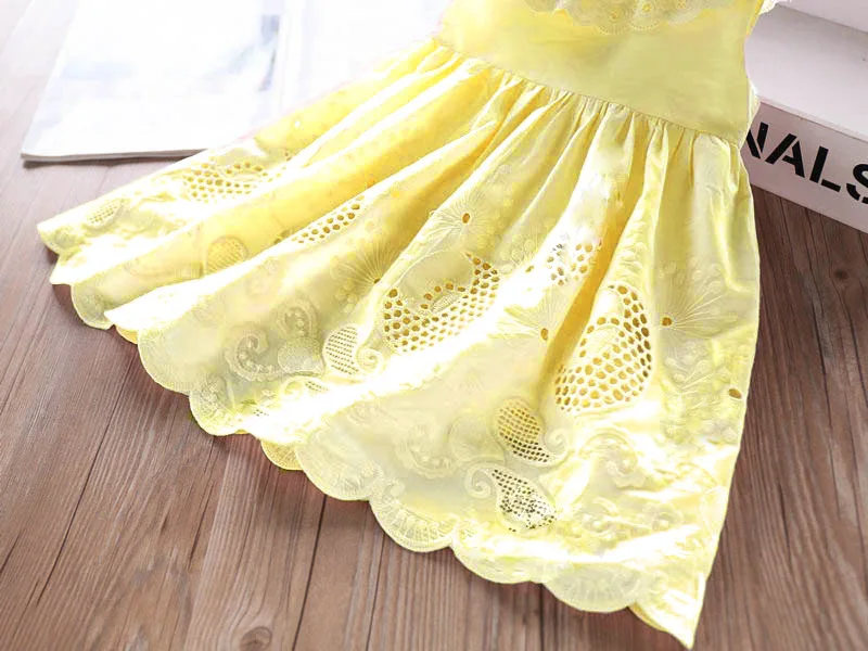 2022 New Girls\' Dresses Children\'S Summer Cotton Embroidered Hollow Dress Baby Kids Clothing Cute Ruffled Round Neck Vest Dress