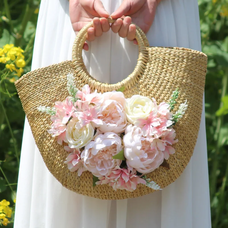 Sac de plage en rotin pour femme, ensemble de chapeau de vacances, sac à main fourre-tout en paille, tissage de fleurs artificielles multicolores,