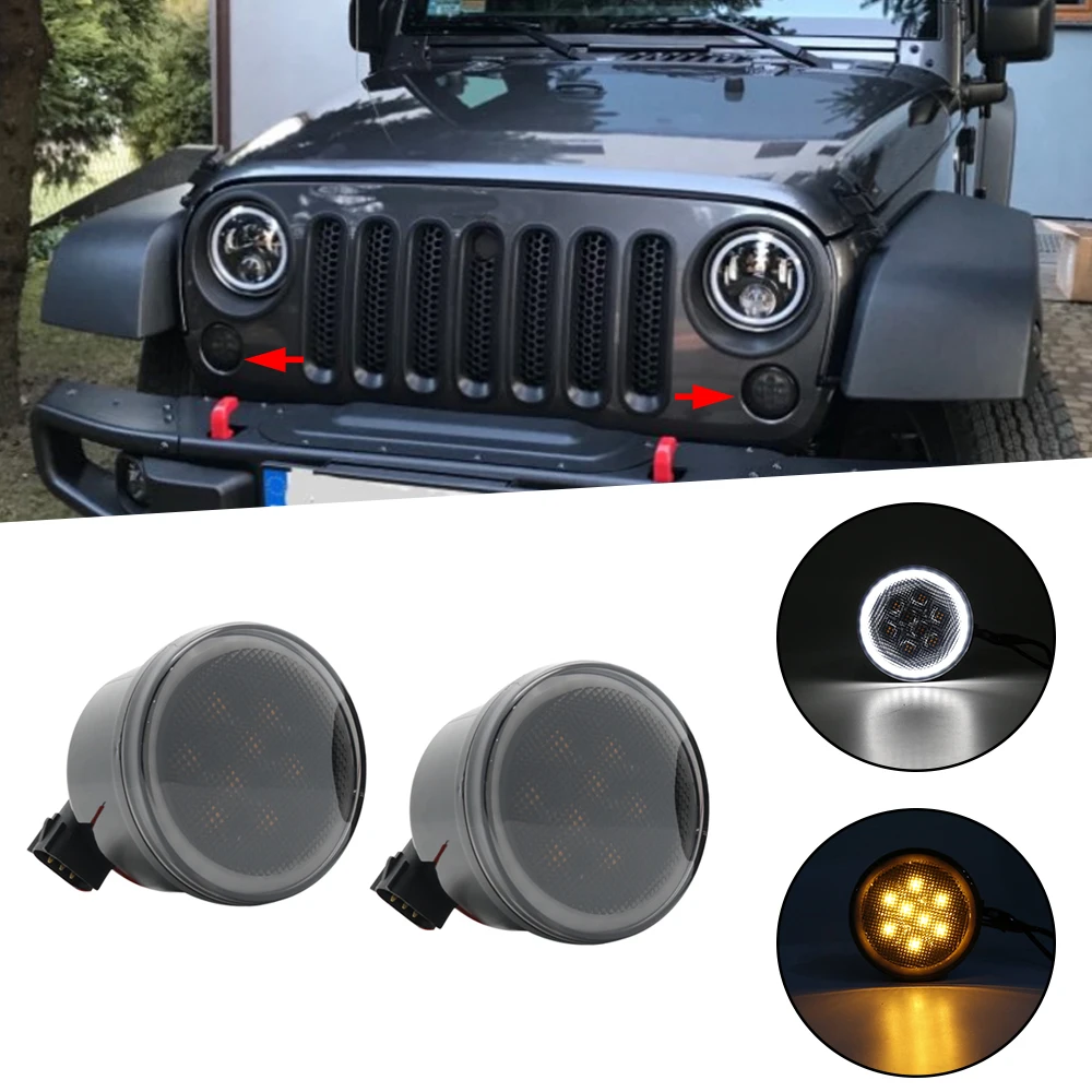 Front LED Turn Signal Light Assembly with White Halo Smoke Lens for 2007 to 2011 2012 2013 2014 2015 2016 2017 Jeep Wrangler JK