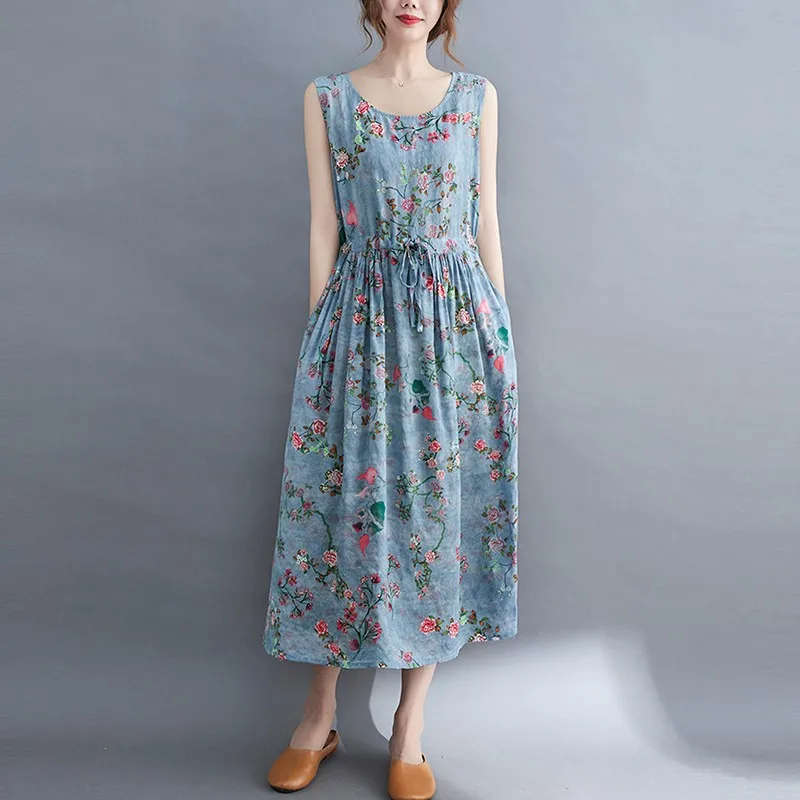 Frauen Sommer Ärmellose Casual Kleid Neue Ankunft 2021 Vintage Stil Floral Print Lose Baumwolle Leinen Weibliche Lange Kleider B592