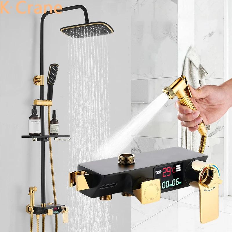 Juego de ducha Digital para baño, Sistema de ducha termostática inteligente, Baño LED Grifo de frío y caliente, tubo redondo cuadrado, Grifo negro de lluvia para SPA