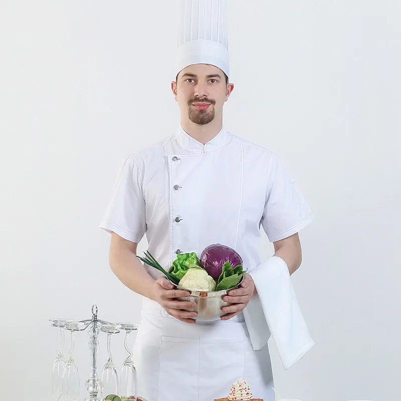 Men Denim Cotton Short&full Sleeve Chef Tops Uniform with Apron Set Oil Proof Food Service Kitchen Restaurant Cook Work Wear