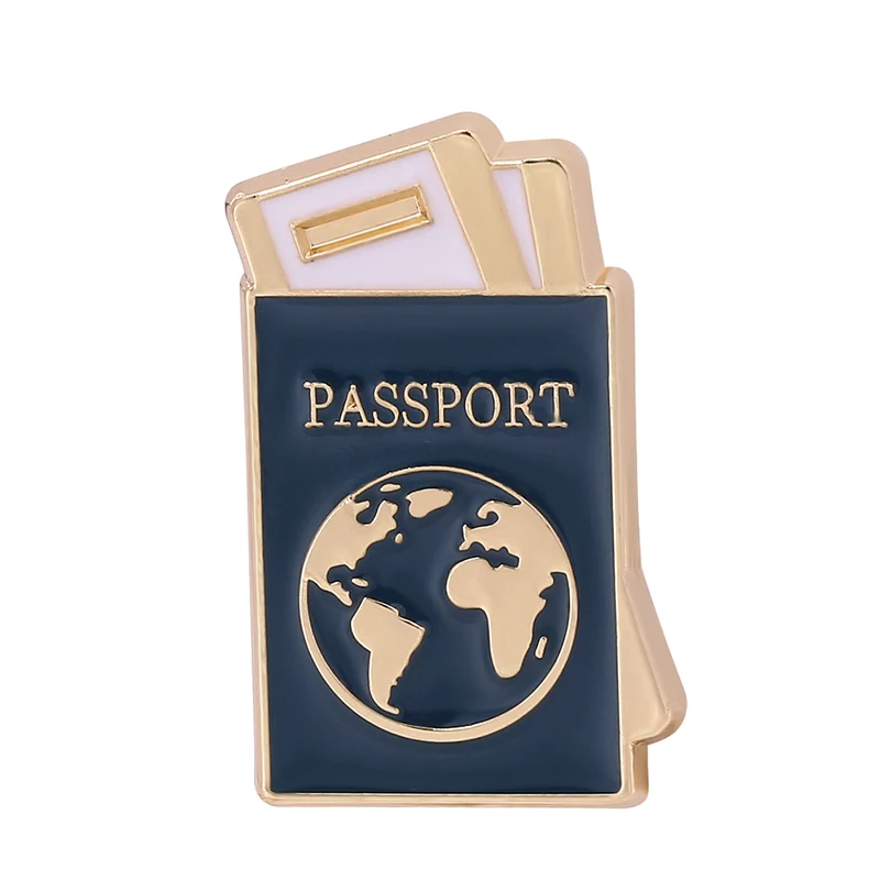 Blue Global Passport Shape Lapel Pin Earth Map Logo Enamel Pins Exquisite Backpack Clothes Accessories Jewelry Gift