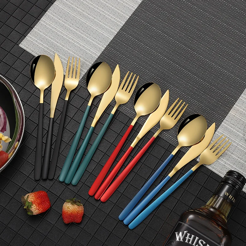 3Pcs/Set Stainless Steel Long Handle Mixing Spoons Fruit Steak Forks Knives Dinnerware Tableware Cutlery Set Kitchen Accessories