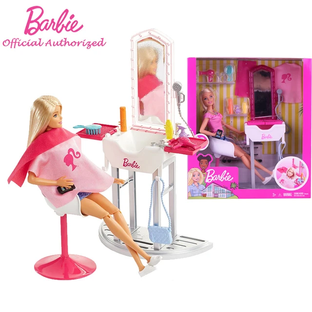 New Original Barbie Dolls Bathroom Hair Salon Furniture Accessories Play Set Children s Educational Toys Gift DVX51