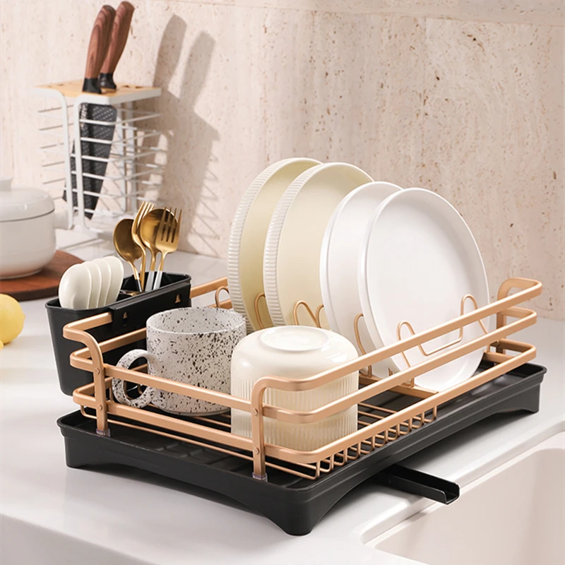 Champagne Gold Aluminium Kitchen Dish Drying Rack Sink Stand Drain Holder Cutlery Drainer Accessories Storage Plate Organizer