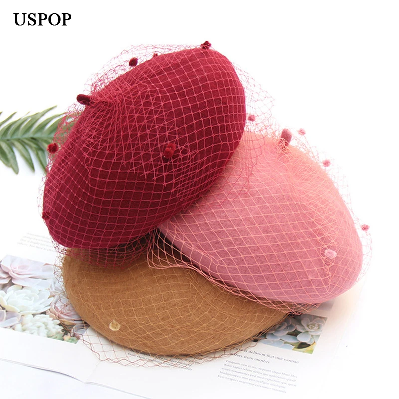 USPOP  Women\'s Hats Winter Thick Wool Berets Adjustable Size Solid Color Vintage Mesh Yarn Beret Hat