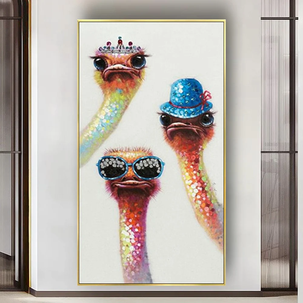 Modern abstract children's room decor hanging painting hand painted animal oil painting flock of ostriches canvas wall decor art