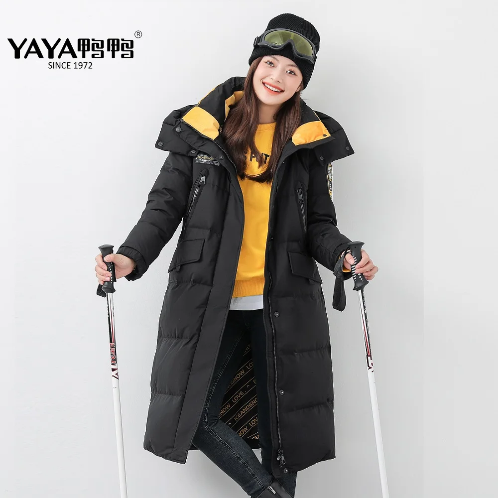 YAYA 2021 Women's  90% Down Jacket Hooded WindBreak Waterproof Thick Fabric Long Winter Overcoat Stand Collar Padded Parka