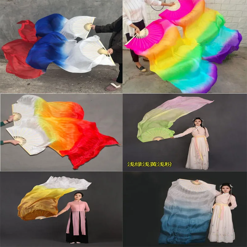 New Customized 100% Real Silk Belly Dance Fan Veils 1pair/2pcs Bamboo-Ribs Stage Dancing Fan for Women/Girls 1.5m/1.8m/2.1m