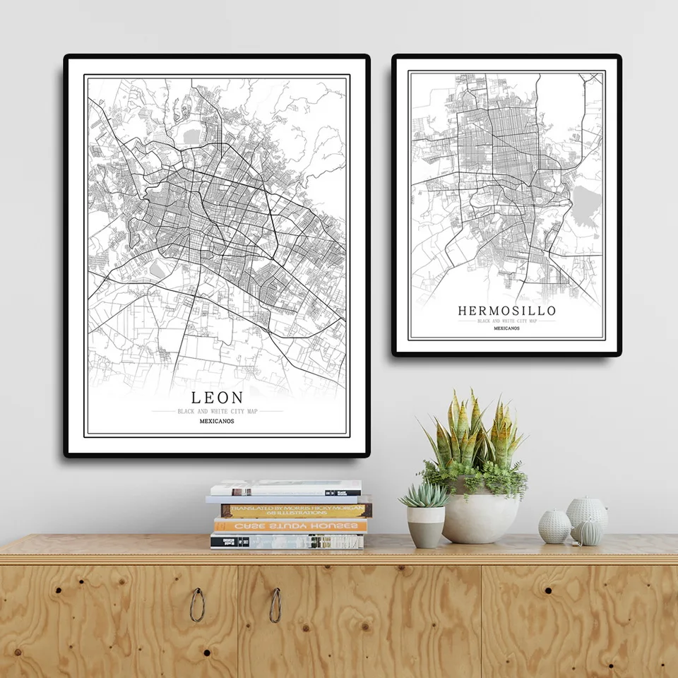 Mexico Creative city map  Abstract Canvas Painting Black and white Wall Art Print Poster Picture Home Decoration Painting