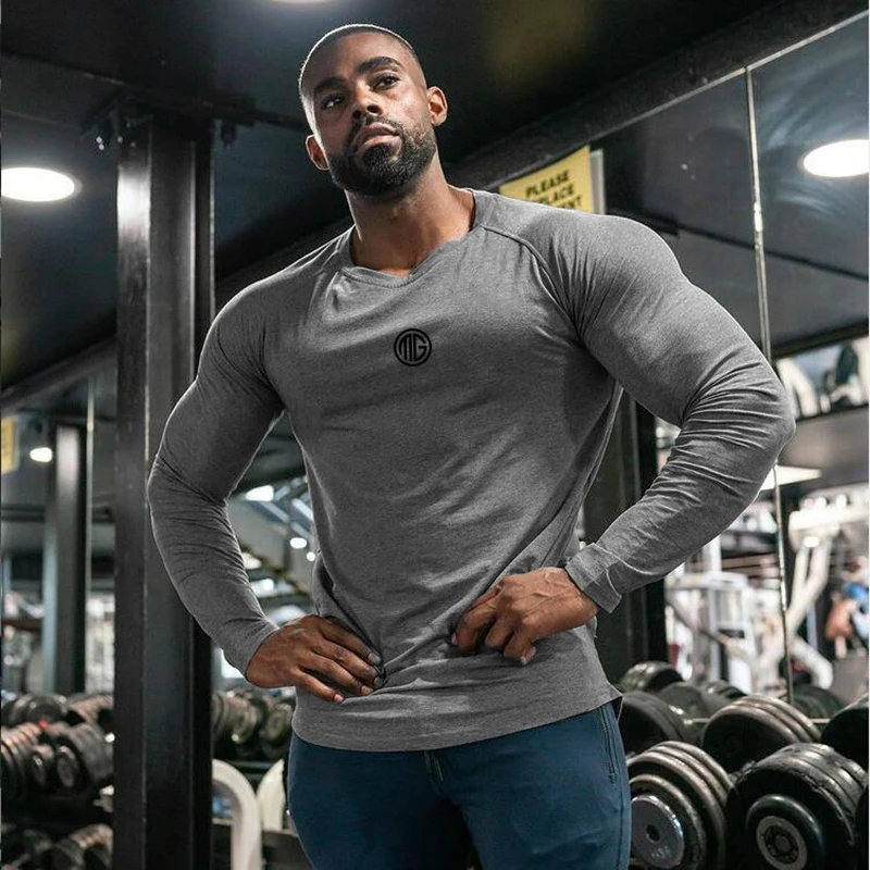 Spring Cotton Sports Long Sleeve T-shirt Men Gym Clothing Fitness Bodybuilding Workout Skinny T Shirt Male Fashion Tee Tops