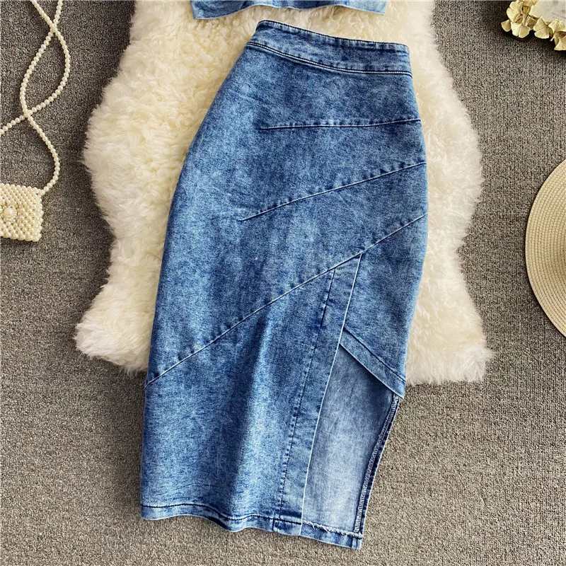 Elegant Women\'s Denim Suits Summer Sleeveless Short Vest And High Waist Irregular Slit Mid Length Skirts 2pcs