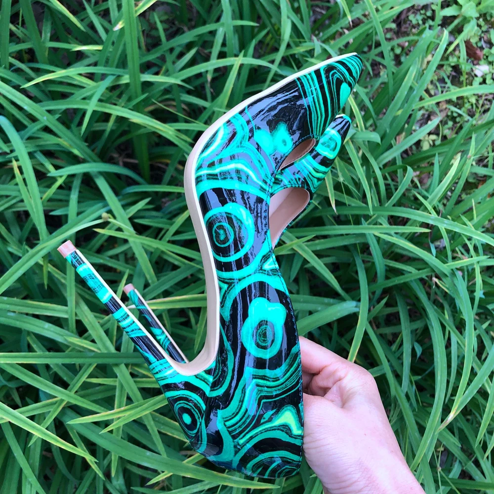 Tikicup Women Green Floral Print Patent Pumps Slip On Pointed Toe Stilettos Ladies Sexy Patterned High Heel Party Dress Shoes view 3