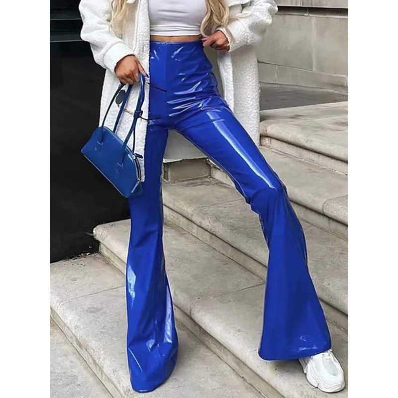 High Waist Faux Latex Leather Flare Pants Women Slim Patent Leather Bell-bottom Pants Ladies Vintage PU Trousers Clubwear Custom