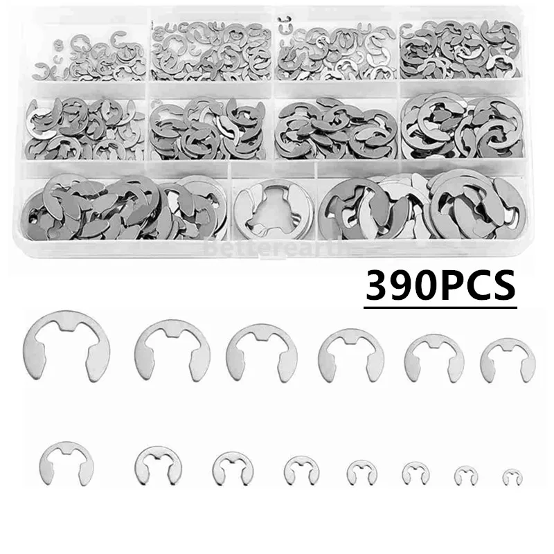 

390pcs E clip circlip washer assortment kit 304 stainless steel 1.2-15 mm external retaining ring clip for pulleys shaft