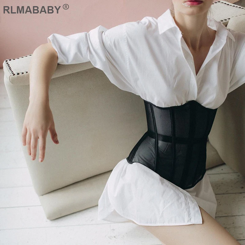 Sexy Transparent Stripped Back Bandage Mesh Corset Casual Streetwear Female Corset Top Fashion Elegant Office Lady Corset Belt