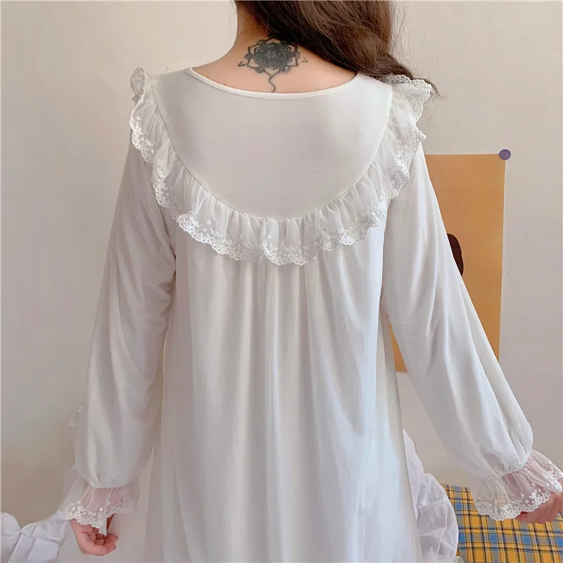 White Embroidery Lace Night Dress Women Lolita Sleepwear Princess Ladies Victorian Vintage Nightgowns Peignoirs Girl Lounge Wear