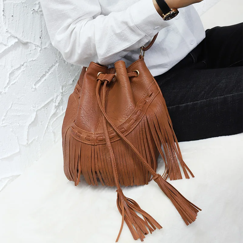 Casual Drawstring Factory Handmade Tassel Bucket Bags Women Shoulder Messenger Bag Ladies Female Vintage Envelope Bag Party 2020