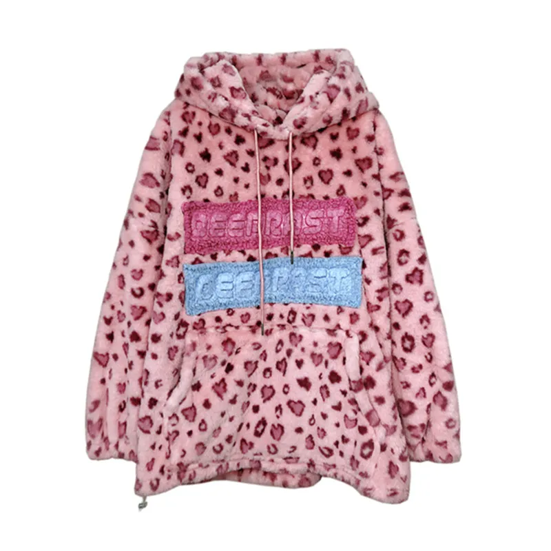 Leopard Print Hoodies Women Plush Coat Winter Warm Lambswool Sweatshirt Loose Fashion Pullover Female Pink Hooded Sweatshirts