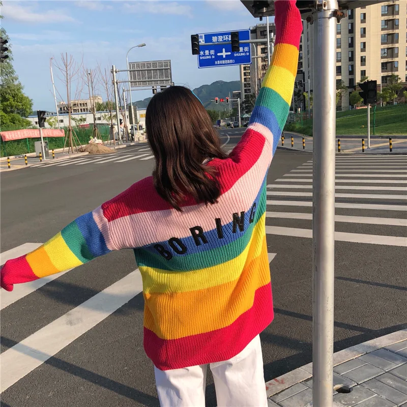 Woherb 2024 Autumn Harajuku Cardigan Women Striped Rainbow Sweater Coat Female Loose Sweaters Letter Embroidery Jumper Cardigans