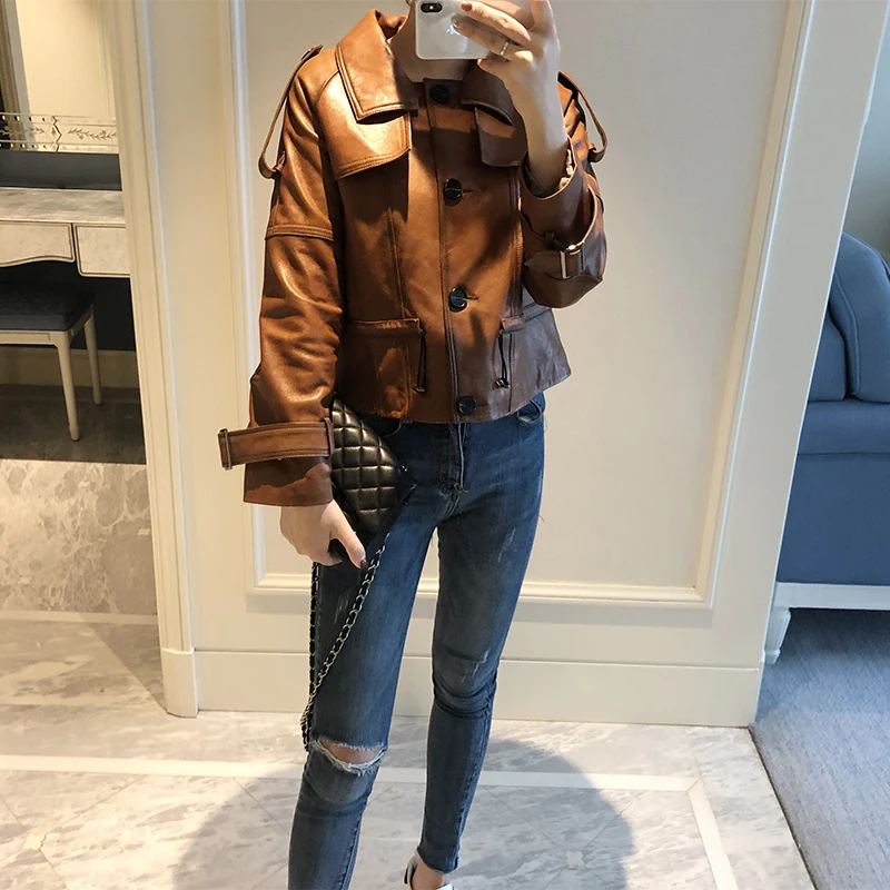 

100% Real Sheepskin Coat Female Genuine Leather Jackets Women Short Montone Biker Jacket Female Clothes 2019 Hiver T8801