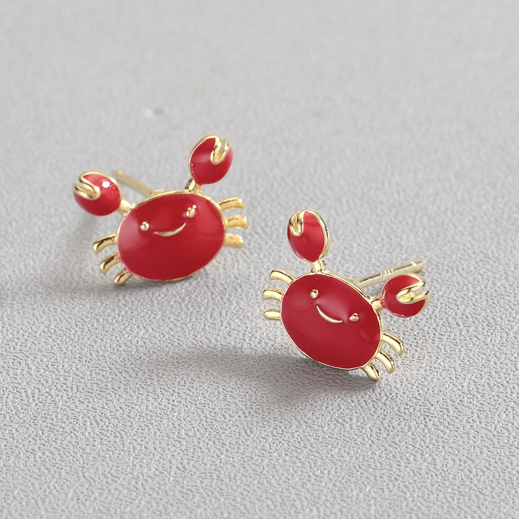 Buyee 925 Sterling Silver Cute Earrings Red Enamel Crab Simple Sweet Earring for Woman Young Girl Fashion Fine Jewelry Earrings