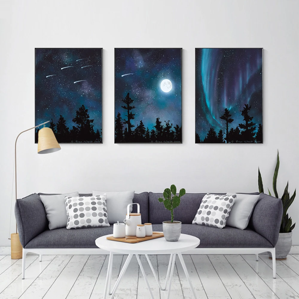 

Aurora Borealis Canvas Posters Shooting Stars Night Sky Moon Trees Painting Pictures Wall Art Print Nordic Bedoom Home Decor