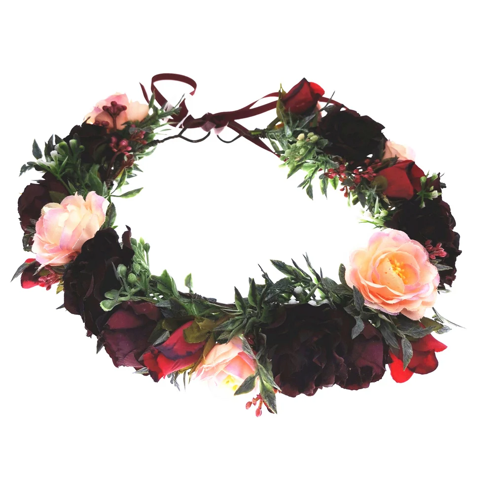 Vintage Burgundy Flowers Crown Headbands Women Hair Accessories Wedding Headwear Crown Headband Hat Decoration Floral Garlands