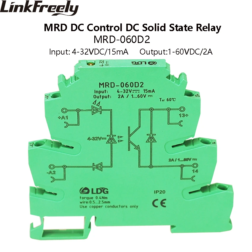 MRD-060D2 2A LED Turn Sigals SSR Solid Sate Relay DC DC Input: 5V 12V 24VDC Interface Voltage Din Rail Relay Switch Module Board