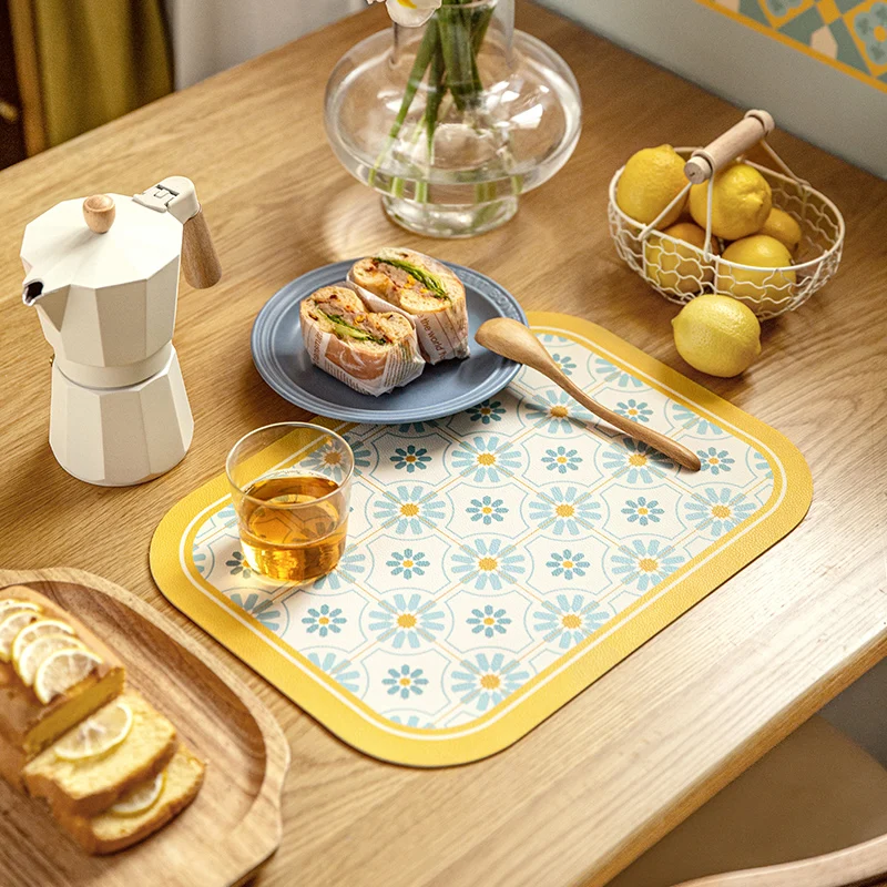 Printed Leather Placemat French Pastoral Rectangle Placemats Saisy Print Coaster Anti-scald Dining Table Mats Waterproof Pads