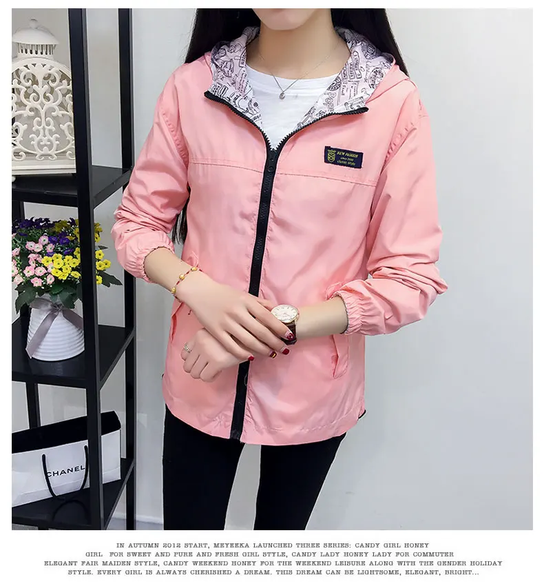 Two Side Wear Spring Autumn Fashion Women Bomber Jacket Pocket Zipper Hooded Outwear Loose Plus Size Windbreaker Famale S-3XL