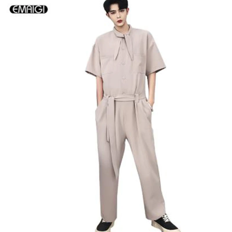 Men Women Bow Collar Fashion Casual Overalls Pant Male Street Hip Hop Dancer Jumpsuit Harem Trousers