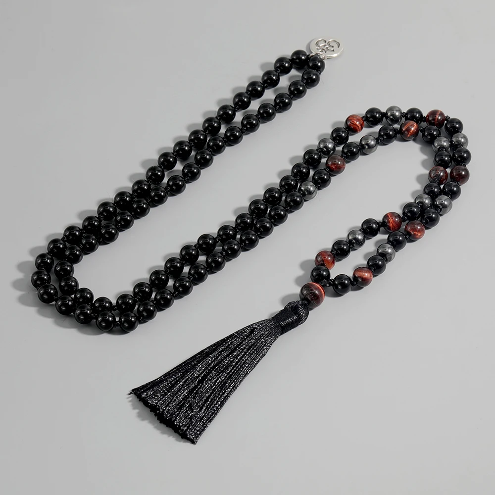 Men's 8mm 108 Mala Hand-Knotted Long Necklace Black Onyx Red Tiger Eye Treatment Stone Rosary Prayer Charm Beaded Tassel Jewelry