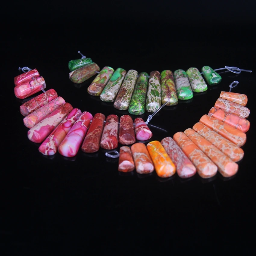 11pcs/set Top Drilled Emperor Stone Slice Graduated Beads,Ocean Sediment Impression Jaspers Stick Pendant Necklaces Jewelry Bulk