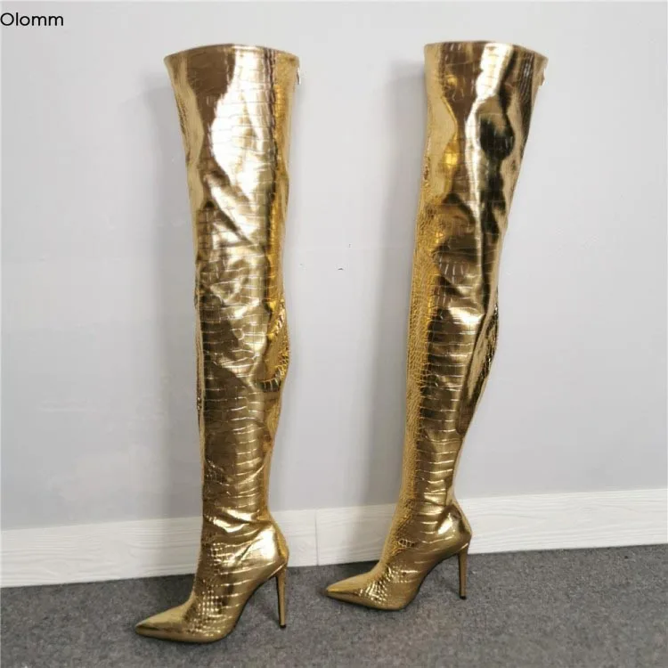 

Olomm Fashion Women Thigh High Boots Stiletto High Heels Boots Pointed Toe Super Sexy Gold Night Club Shoes Women US Size 5-15