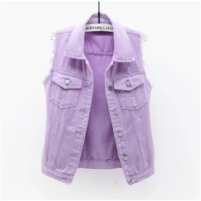 Autumn Women Plus size Denim Vest Sleeveless Waistcoat Students Casual Tops Jeans Jackets Red Pink Purple Yellow Blue White