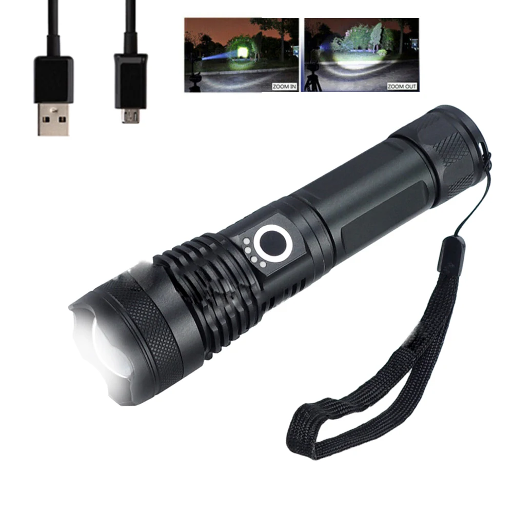 LED Flashlight Telescopic Zoom XHP70 XHP50 200000LM USB Rechargeable 18650 Super Bright Flashlight Tactical Torch