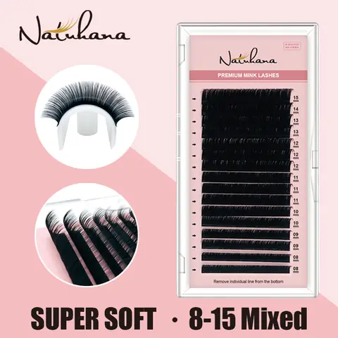 NATUHANA Mink Lashes Mix 8~15 mm 16 Lines Handmade Korean Pbt Eyelash Extension Natural Soft Faux Lash Extension Supplies Makeup