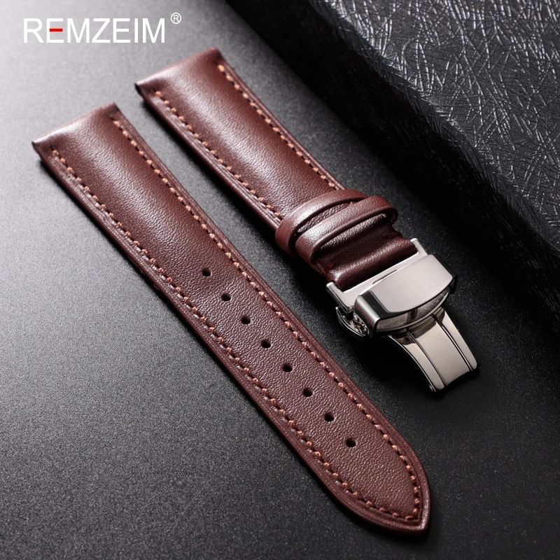 

REMZEIM Genuine Leather Watchband Calfskin Men Women Replace Watch Band 18mm 20mm 22mm 24mm With Automatic butterfly buckle