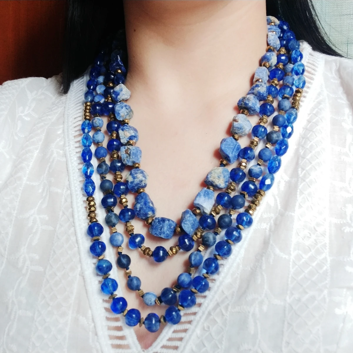 Lii Ji Gold Blue Statement Necklace Sodalite Blue Crystal Hematite Mutil Strands 57cm Women Jewelry Party Gift