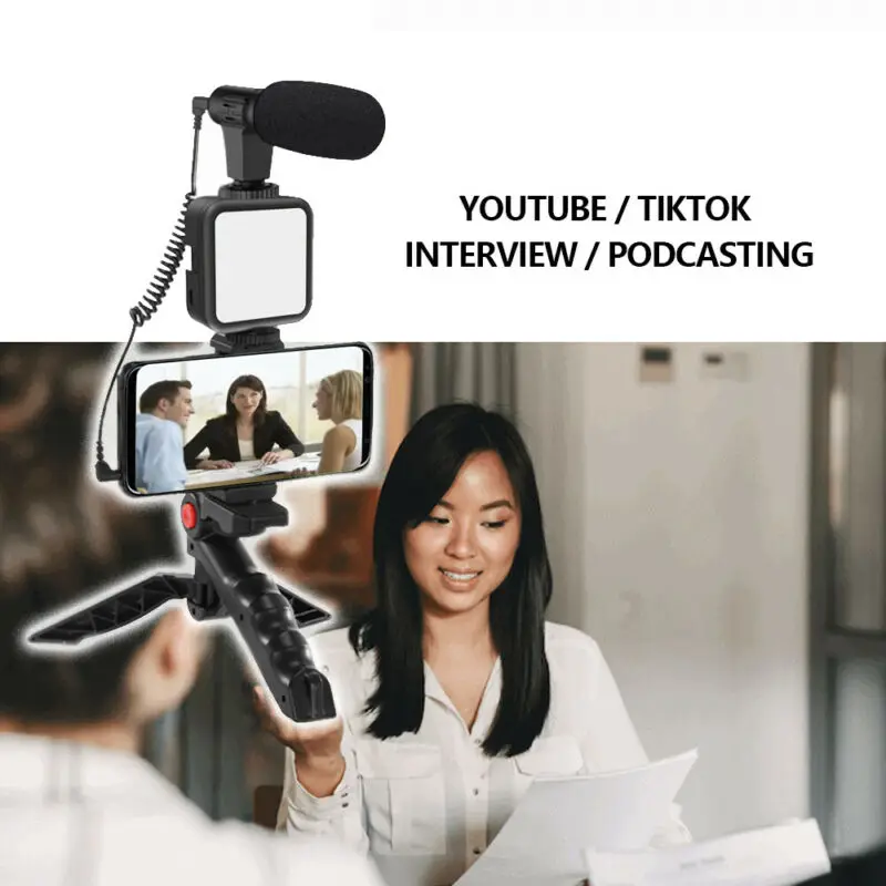 Kit Video Vlog Ponsel Pintar KIT01 dengan Mikrofon Tripod Lampu Led Tempat Ponsel Jarak Jauh untuk Perekaman Vlogging