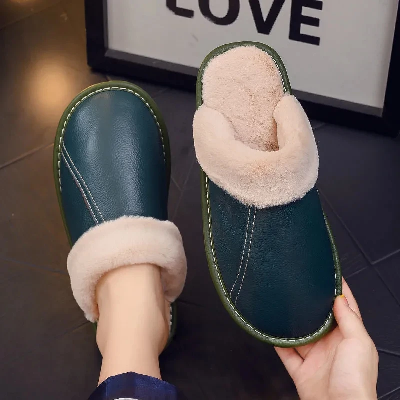 Brand genuine leather house shoes for womens slippers furry slides female indoor warm slippers