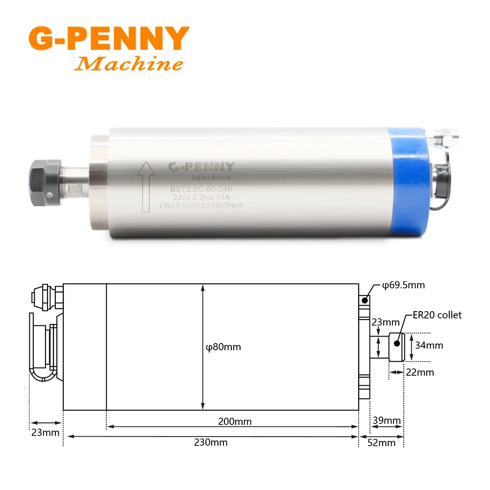 G-PENNY 2.2KW ER20 220v/380v Water cooled spindle motor 400Hz Diameter 80*230mm 4 pcs creamic bearings & 2.2KW HUANYANG Inverter