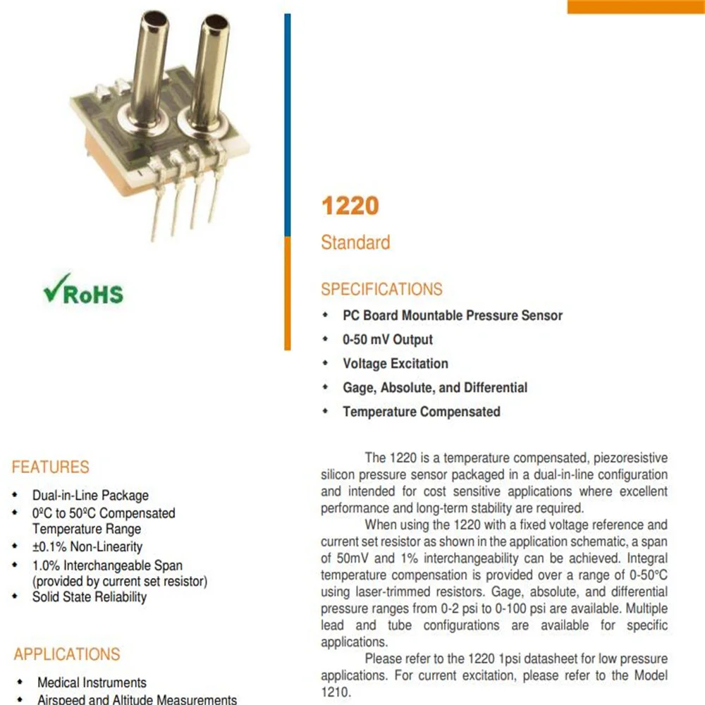 1220A-005G-3S TE Connectivity Measurement Specialties SENSOR PRES 5PSID 0-50MV 8-DIP