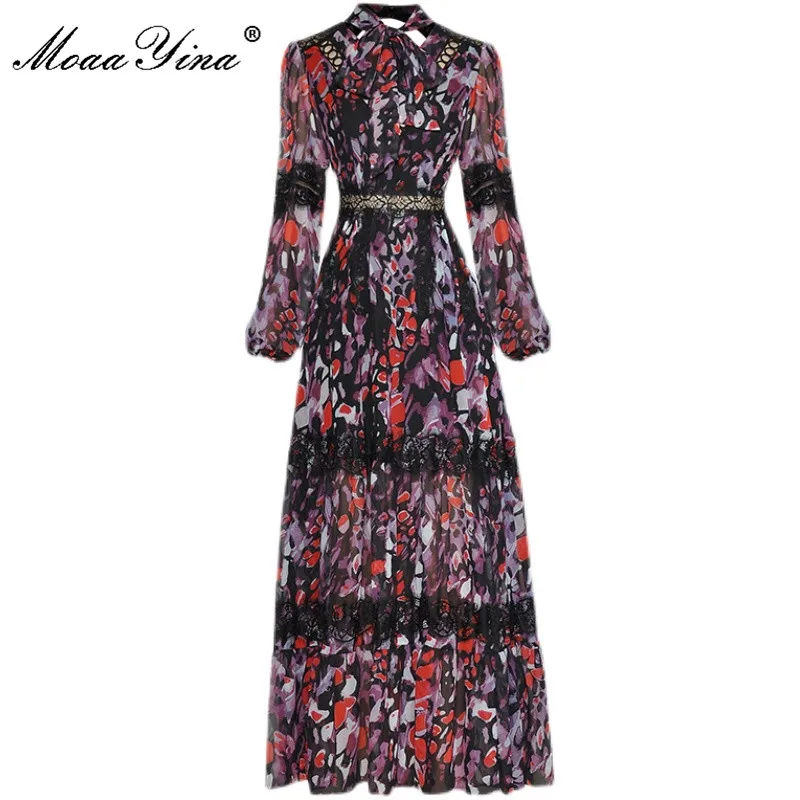 MoaaYina Fashion Runway dress Spring Women Dress Stand Collar Lantern Sleeve Hollow Out Flower Print Vacation Backless Dress